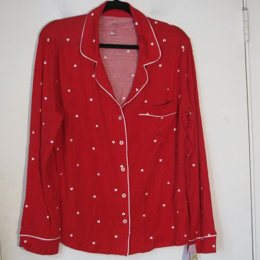 * Auden Sleep Top Large NWT $35 Red with Hearts Button Up Cloud Dream Knit - Picture 1 of 3
